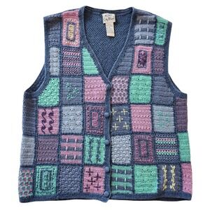 Vintage Koret City Blues Petites Patchwork Granny Square Crochet Sweater Vest M